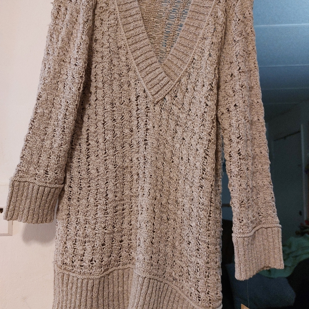 Dkny Women's V-Neck Open Knit Sweater Tunic in Light Beige